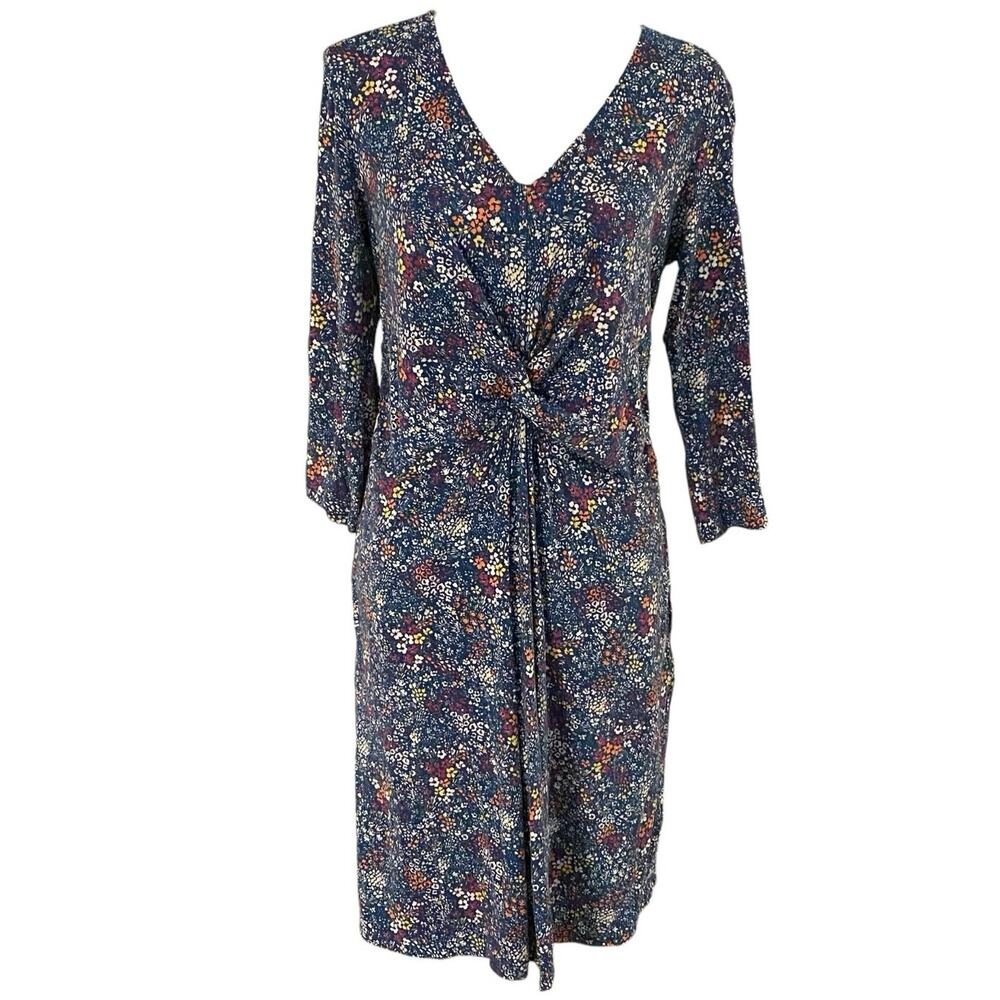 Lands' End Navy Floral Midi Dress with Tie Front